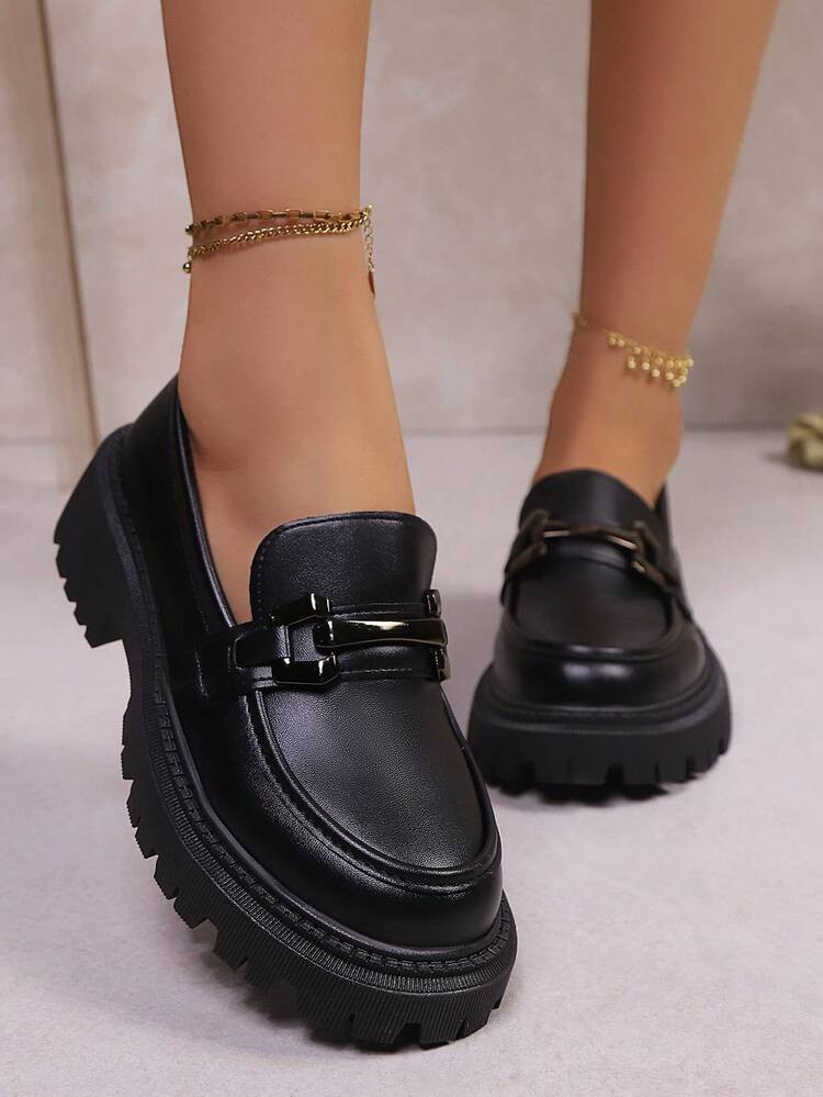Women's Slip-On Black Loafers With Thick Soles, Fashionable Metal Buckle Decor, Round Toe Casual ... | SHEIN