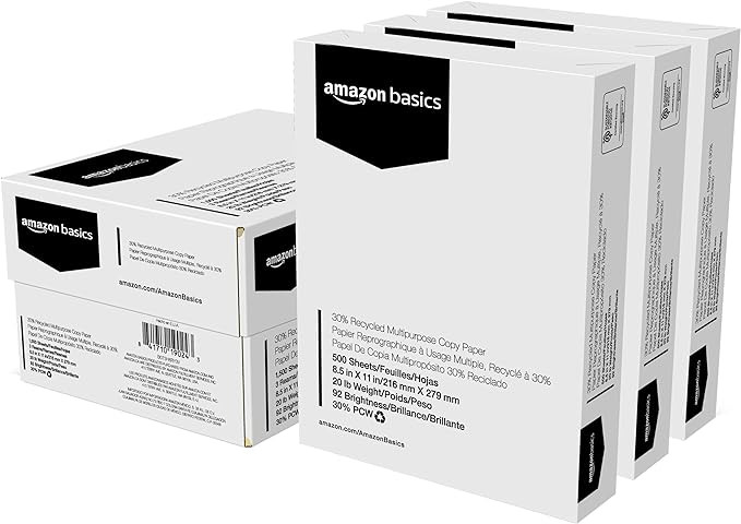 Amazon Basics 30% Recycled Multipurpose Copy & Print Paper, 8.5 x 11 Inches, 20 lb Weight, 92 Bri... | Amazon (US)