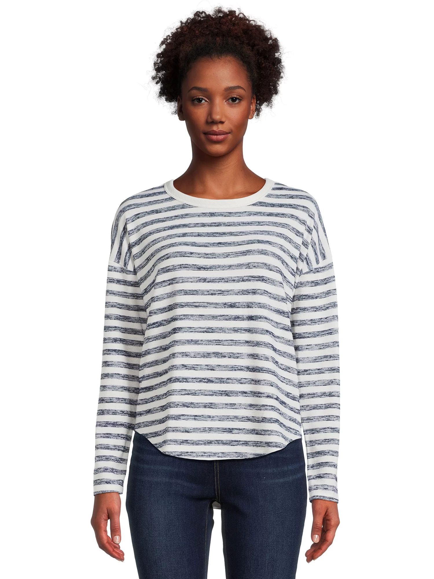 Time and Tru Women's Stripe Hacci Knit T-Shirt with Long Sleeves, Sizes S-XXXL | Walmart (US)