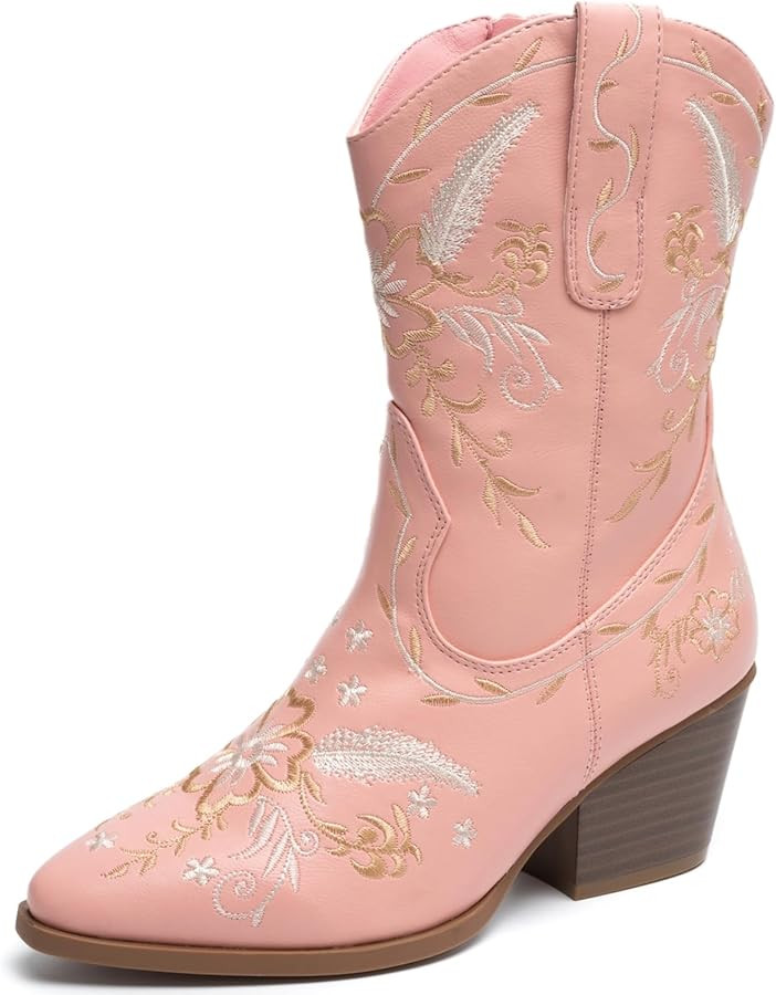 ANJOUFEMME Western Women's Cowboy Cowgirl Boots,Embroidered Round-toe Mid-calf Boots | Amazon (US)