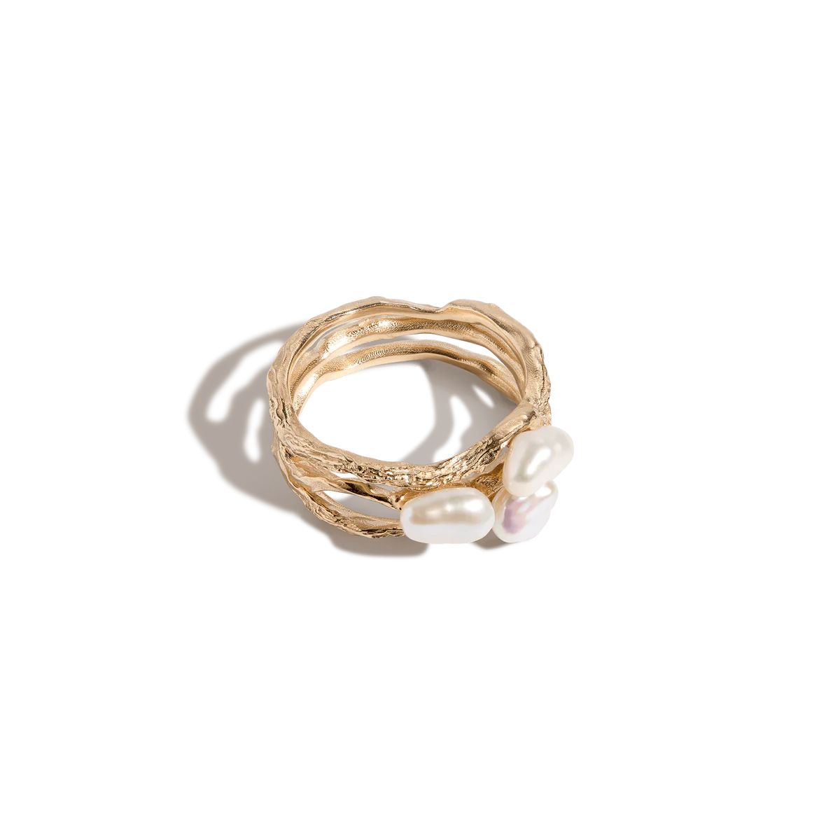 AURATE X KERRY: Venus Organic Pearl Tri Gold Ring | AUrate New York