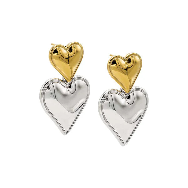 Two Tone Double Heart Drop Stud Earring | Adina Eden