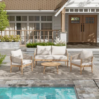 Outdoor Chat Set 4 Piece Acacia Wood Rope Woven Seating Cushioned, Natural Light Brown | Wayfair North America