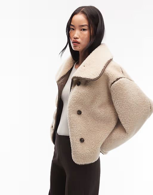 ARKET oversized faux shearling jacket in light beige with brown contrast edging | ASOS (Global)