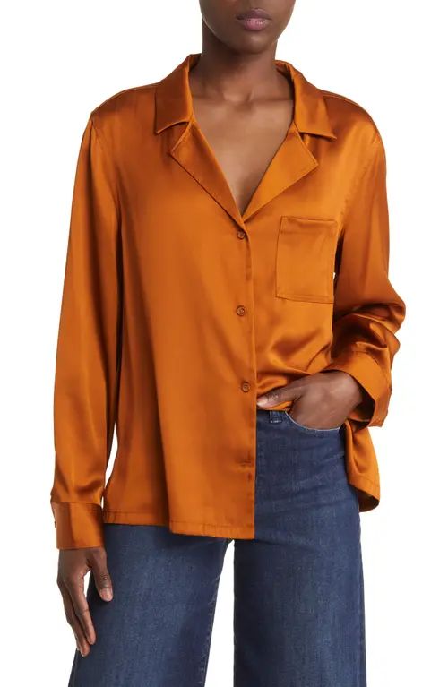 Treasure & Bond Satin Button-Up Top in Rust Pecan at Nordstrom, Size X-Large | Nordstrom