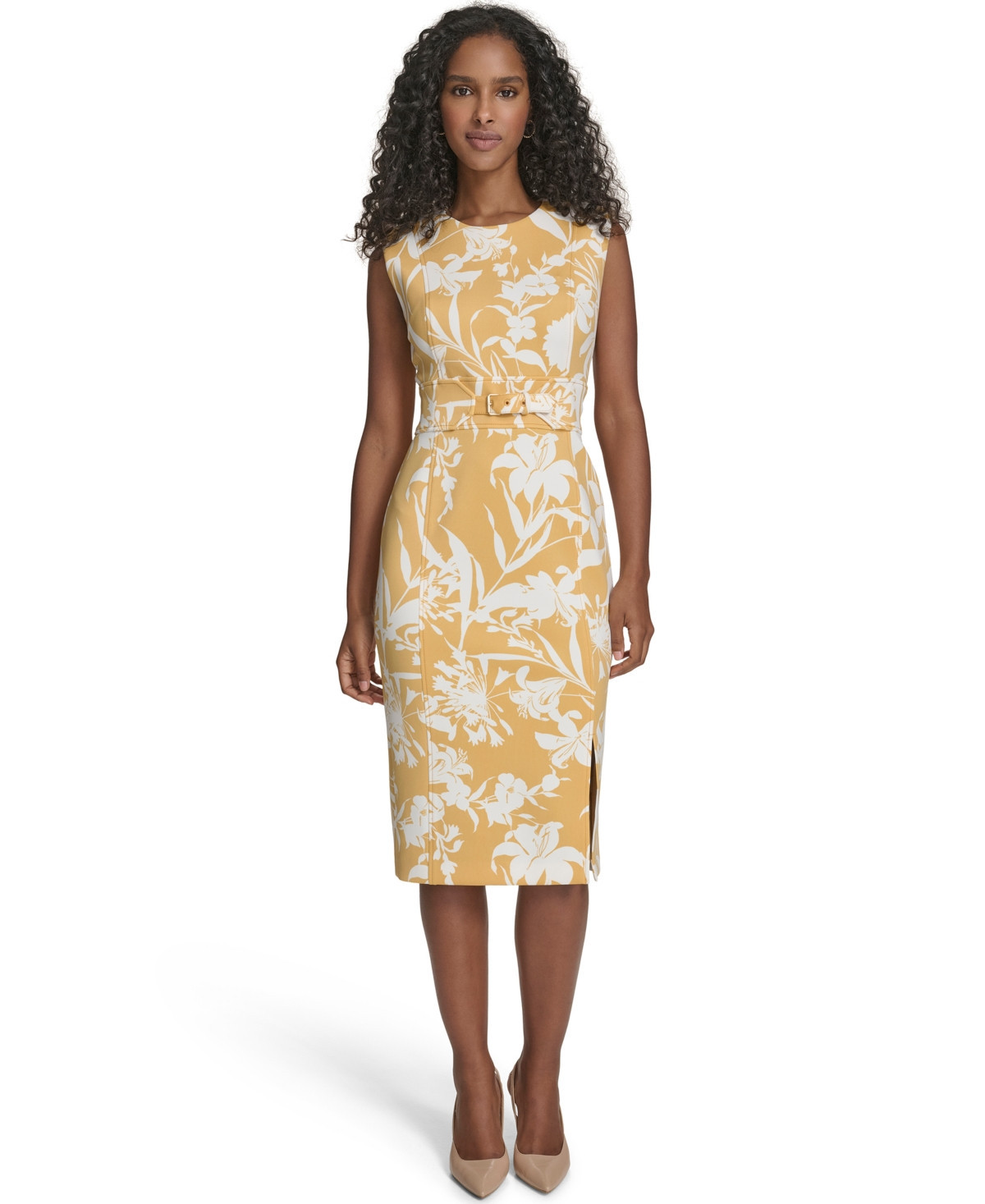 Calvin Klein Women's Printed Crewneck Belted Dress - Yellow | Macy's