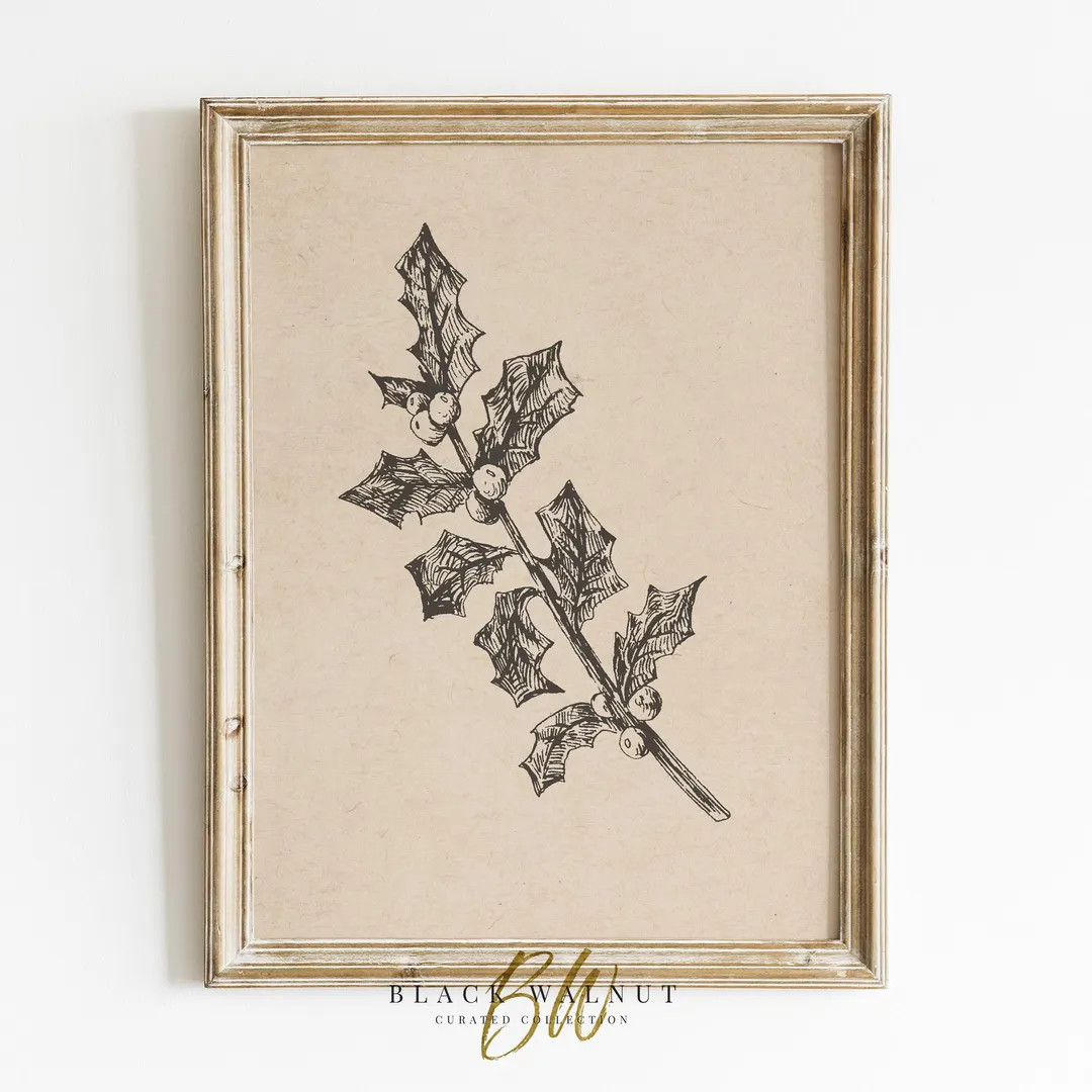 Winter Botanical Neutral Wall Art, Christmas Holly Minimalist Sketch, Printable Art, Neutral Chri... | Etsy (US)
