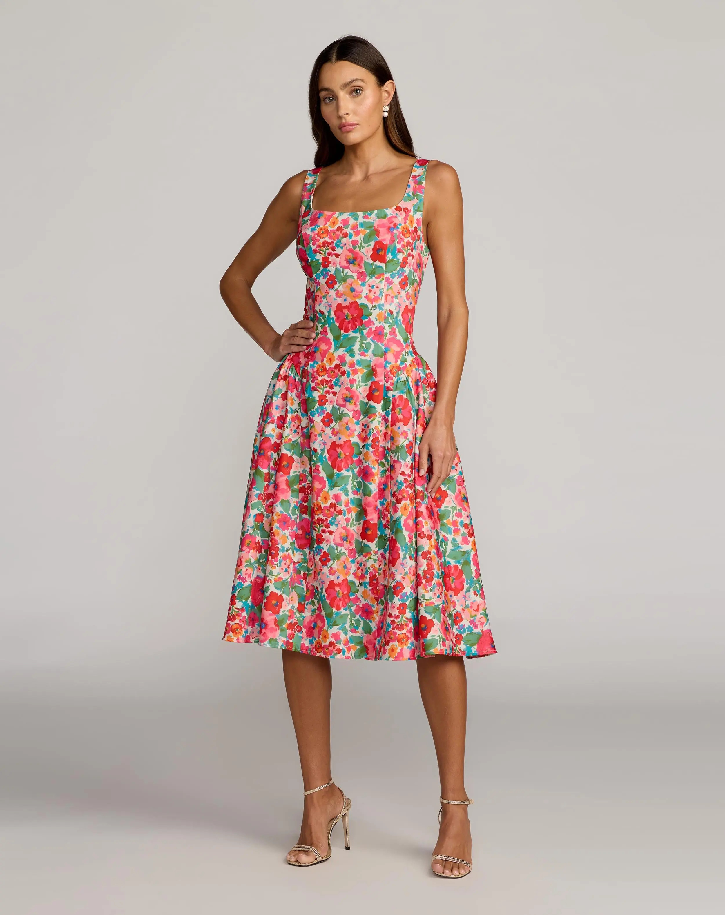 Multicolor Sleeveless Floral A-Line Midi Dress | Mac Duggal | Mac Duggal