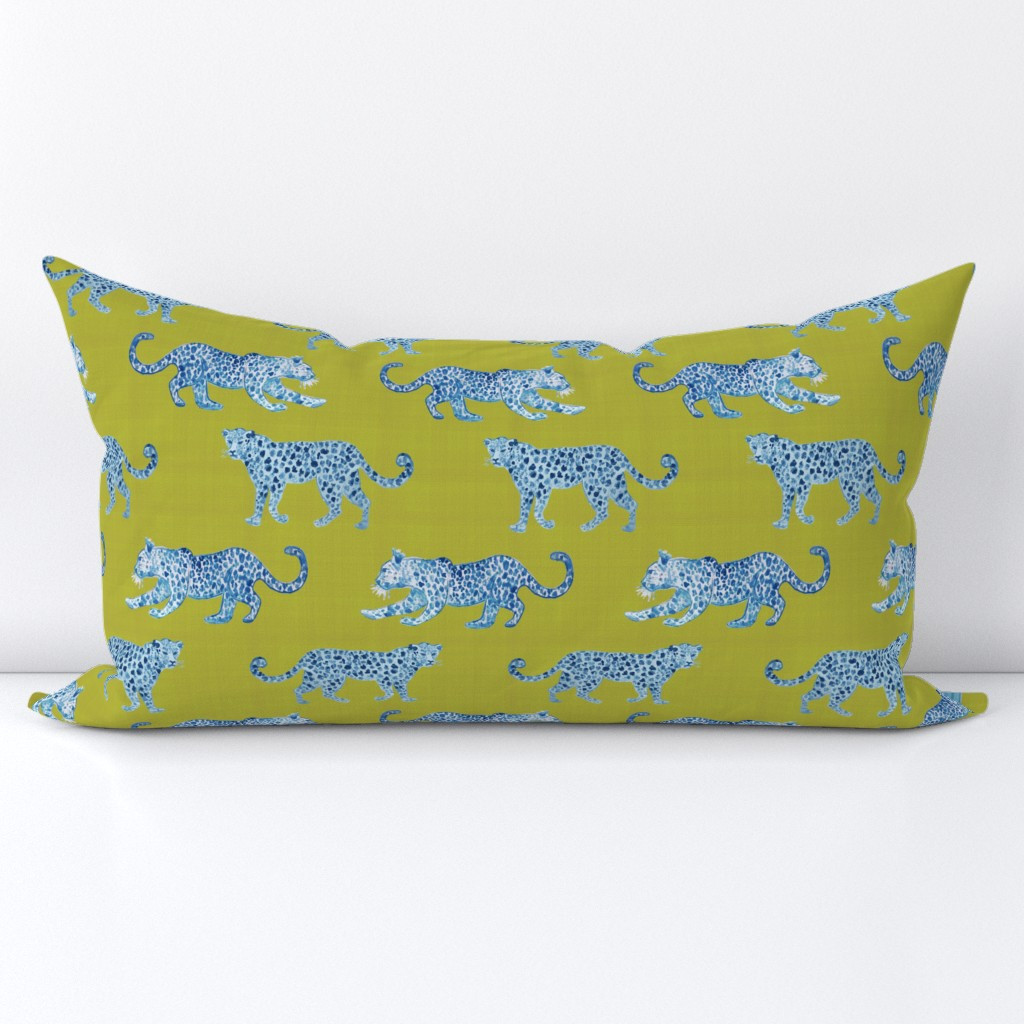 218Leopard ParadeBlue on citron Lumbar Throw Pillow Cover bydanika_herrick | Spoonflower