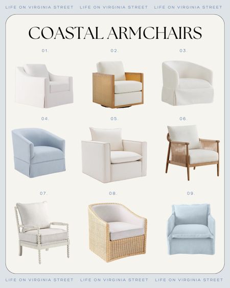 COASTAL ARMCHAIRS - A beautiful mix of high/low coastal armchairs to use in your living room or other space you need additional seating! Many of these family room chairs include swivels and I love the mix of cane chairs, rope chairs, light blue upholstered chairs, bobbin chairs and more!
.
#ltkhome #ltksalealert #ltkseasonal #ltkstyletip white chairs, fabric chairs, woven chairs, beach house chairs

#LTKHome #LTKSeasonal #LTKSaleAlert