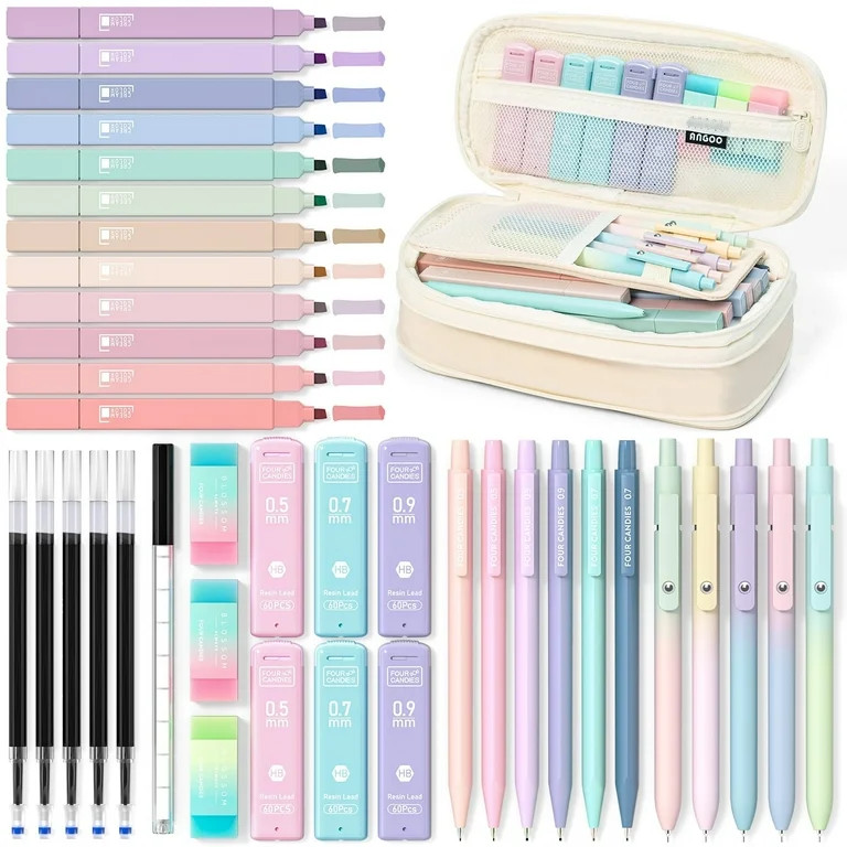 Four Candies 39 PCS Cute Supplies with Pen Case- 5 Black Ink Gel Pens, 12 Pastel Highlighters, 6 ... | Walmart (US)