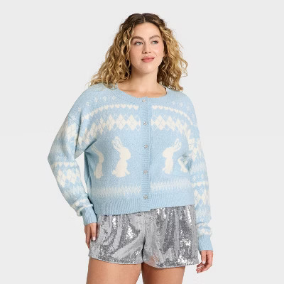 Women's Rabbit Print Cropped Cardigan Sweater - Wild Fable™ Blue 1X | Target