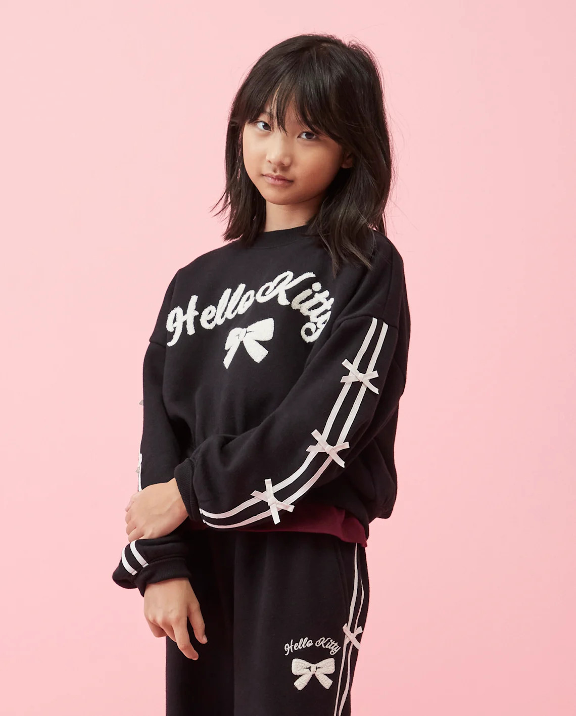 Girls Hello Kitty® Embroidered Bow Premium Fleece Sweatshirt - black | The Children's Place