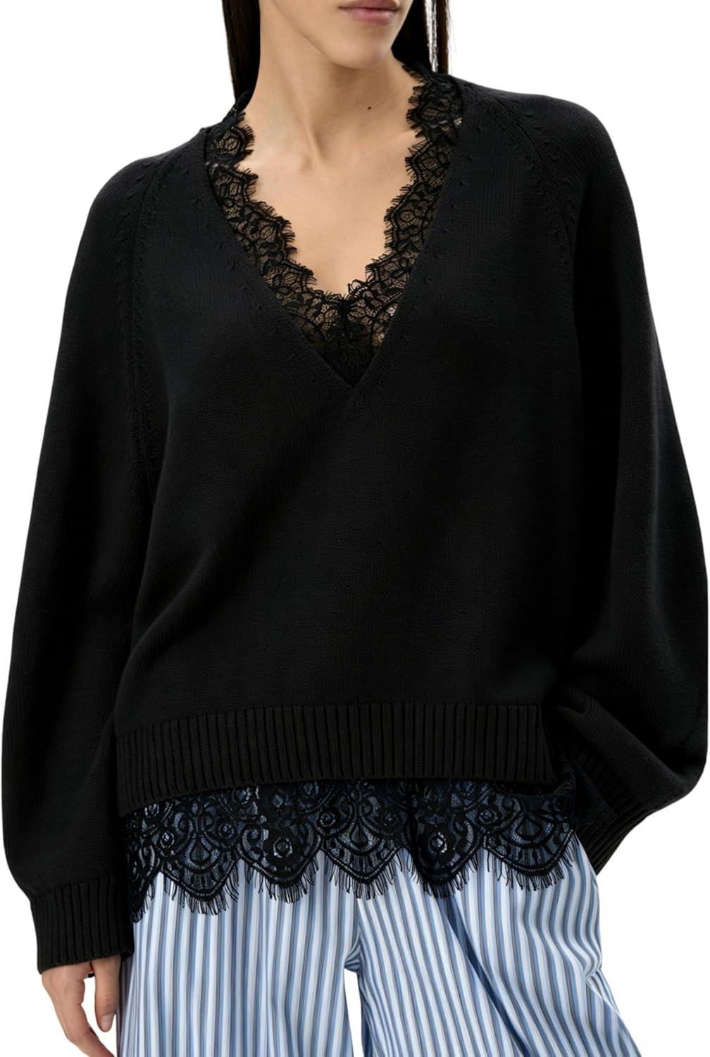 Lentta Women's Lace V Neck 2026 Fall Sweaters Casual Long Sleeve Ribbed Knit Pullover Lightweight Crochet Top | Amazon (US)