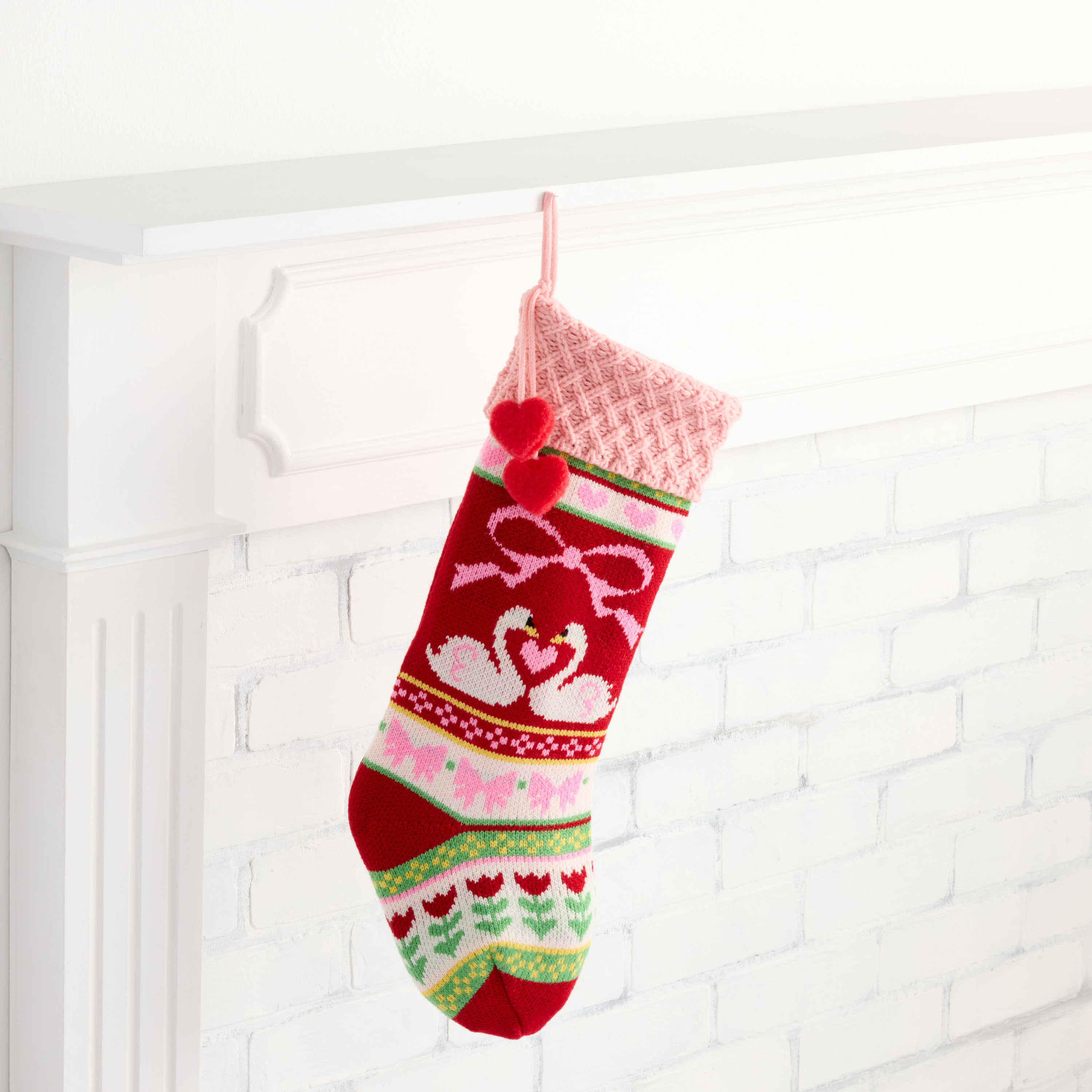 Pink Knit Swans and Hearts Christmas Stocking | World Market