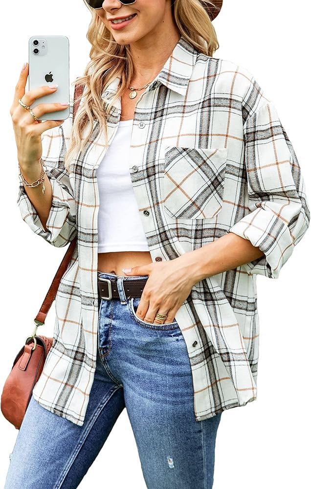 Oversized Womens Flannel Plaid Soft Flannel Button Down Shirt Roll Up Long Sleeve Flannel Plaid S... | Amazon (US)