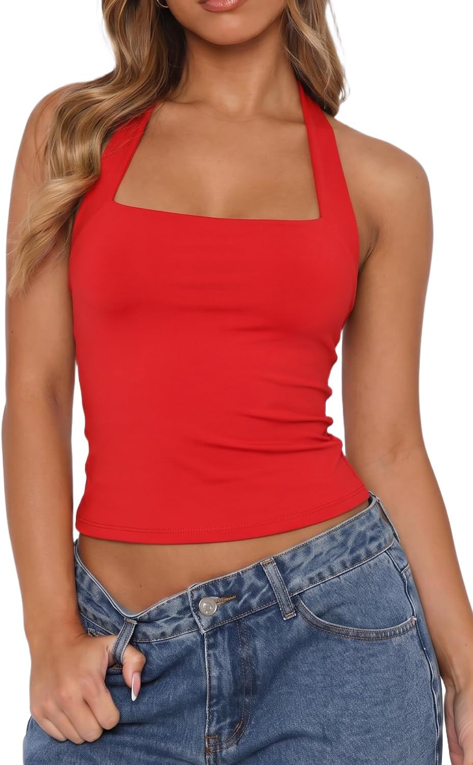 QINSEN Women's Backless Halter Tank Top Button Closure Square Neck Double Line Casual Daily Top Going Out Cami | Amazon (US)