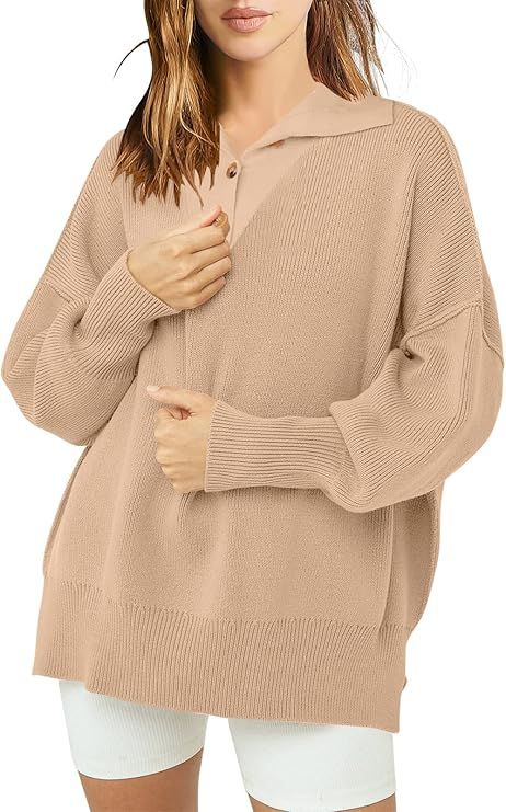 ANRABESS Women's Long Sleeve Button Up V Neck Collar Drop Shoulder Sweaters Fall Oversized Knit P... | Amazon (US)