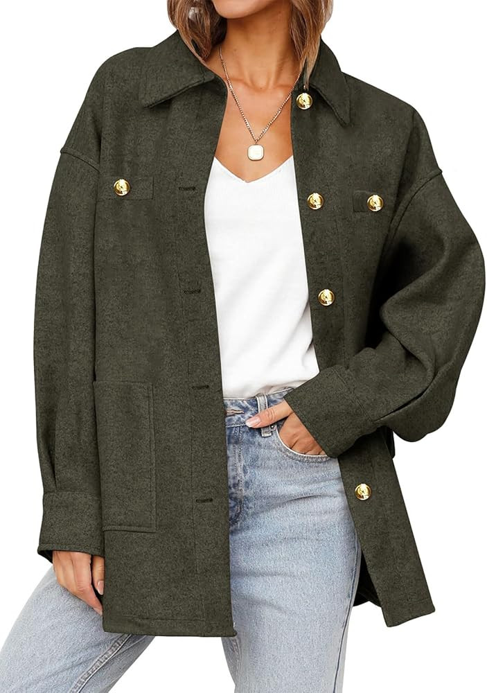 Dokotoo Women's Fall Oversized Long Sleeve Shacket Jackets 2024 Button Down Coats with Pockets | Amazon (US)