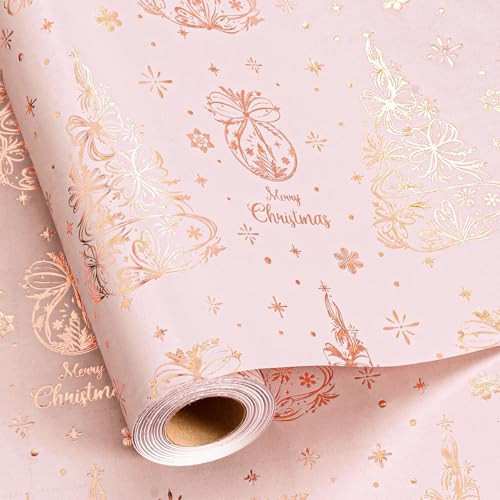 Burymento Christmas Wrapping Paper, Pink 3D Embossed Rose Gold Christmas Tree Design Gift Wrapping Paper Suitable for Holiday, Mini Roll (17 Inch X 32.8 Feet) | Amazon (US)