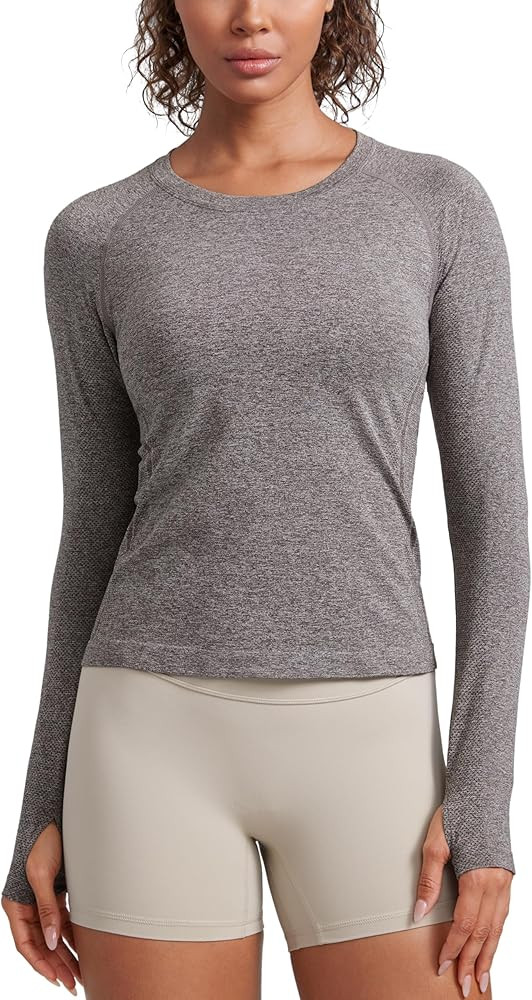 CRZ YOGA Women's Seamless Sports Long Sleeve Shirts Ribbed Running Shirt with Thumb Hole Breathab... | Amazon (UK)