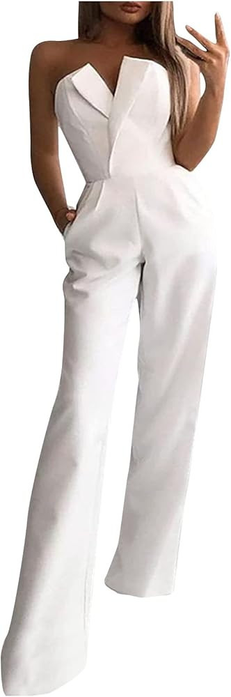 HGps8w Women's Elegant Strapless Rompers, Sexy V Neck, High Waist Wide Leg Long Pants Jumpsuits, ... | Amazon (US)