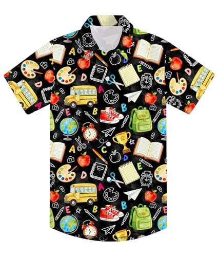 Enlifety Boys Back to School Shirt Size 9-10 Short Sleeve Black Button Down Shirts School Bus Supplies Hawaiian Tops for Casual First Day of School | Amazon (US)