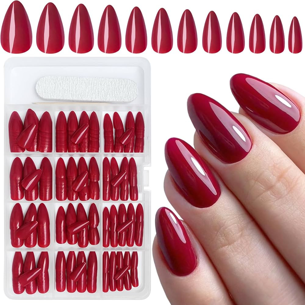 AddFavor Short Almond Press on Nails, 360pcs Red Fake Nails Press ons Glossy Gel Acrylic Press on... | Amazon (US)