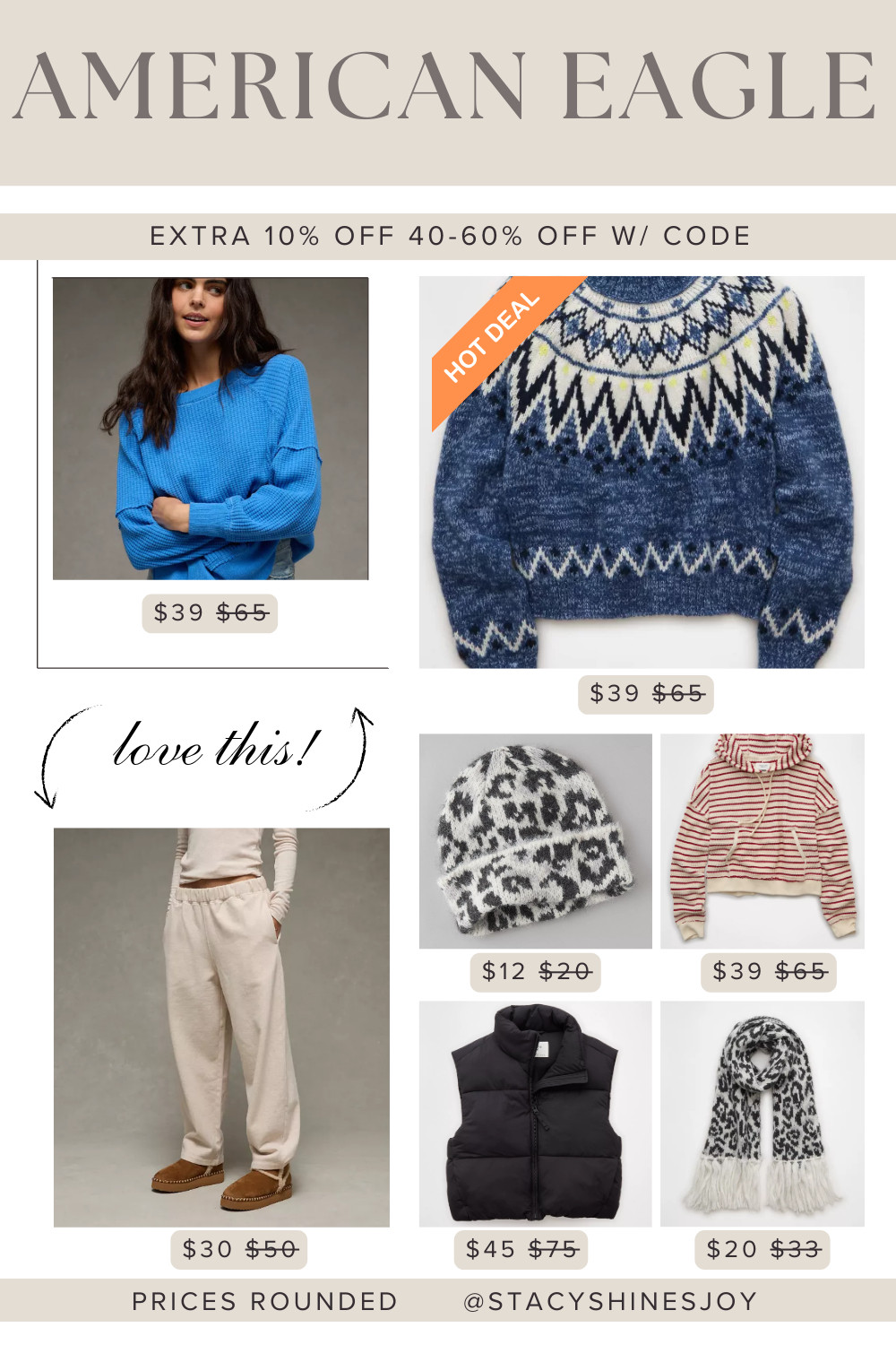 The coziest and cutest finds at the American Eagle sale where you can get 40-60% off. These would make great gifts for her! Plus you can get an additional 10% off with code: 1F3KANAF3JT5GS8SQ9HN

#giftsforteen #giftsforher #giftsforfriend #comfyandcute #casualoutfit  

 #LTKGiftGuide #LTKHoliday #LTKFindsUnder50
