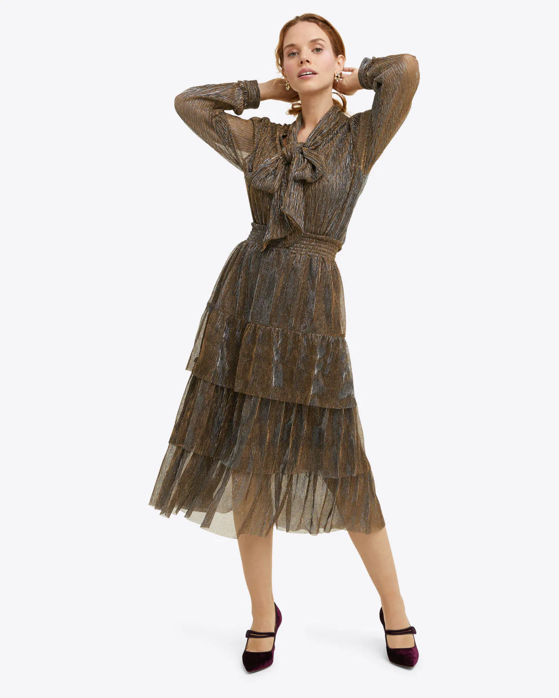 Tiered Midi Skirt in Lurex Plissé | Draper James (US)