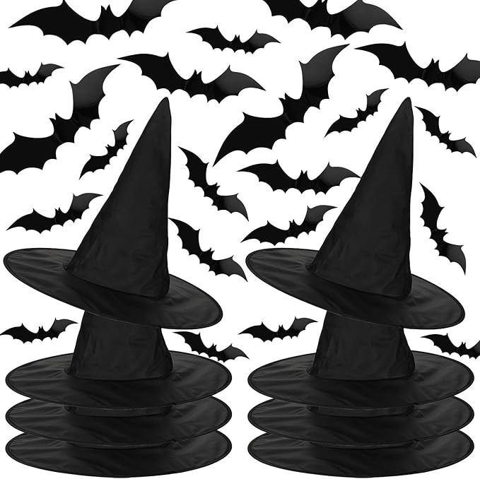 8 Pieces Halloween Witch Hat Black Witch Costume Accessory and 28 Pieces Bat Stickers 3D Bats Wal... | Amazon (US)