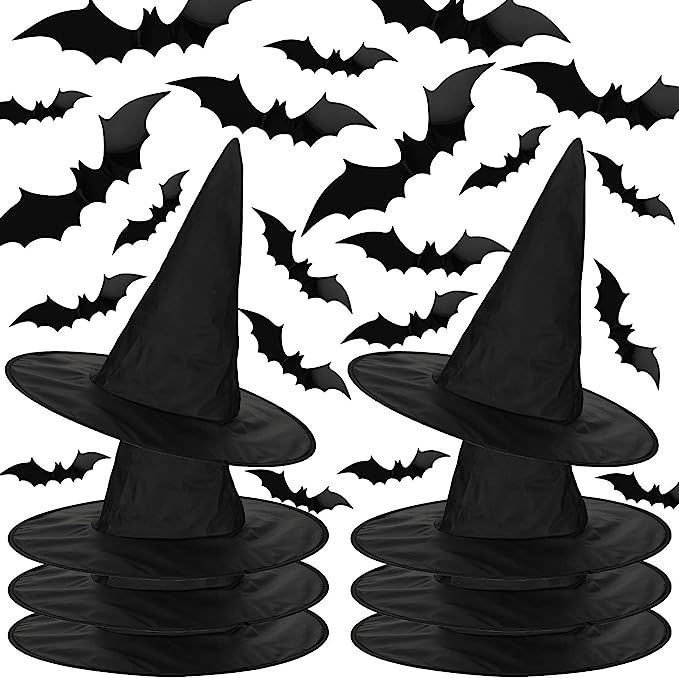 8 Pieces Halloween Witch Hat Black Witch Costume Accessory and 28 Pieces Bat Stickers 3D Bats Wal... | Amazon (US)