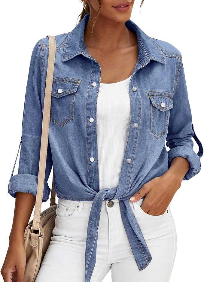 PRETTYGARDEN Womens Denim Shirts Long Sleeve Button Down Shirt Women Tie Knot Front Cardigans Sum... | Amazon (US)