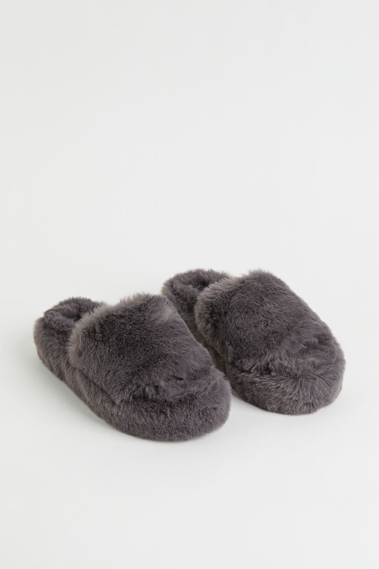 Faux fur slippers - Dark grey - Ladies | H&M GB | H&M (UK, MY, IN, SG, PH, TW, HK)