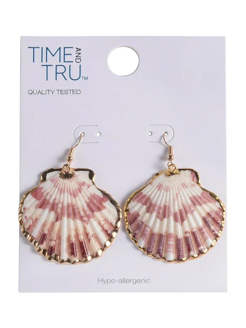 Time and Tru Adult Female Gold-Tone Metal and Clam Shell Drop Earring | Walmart (US)