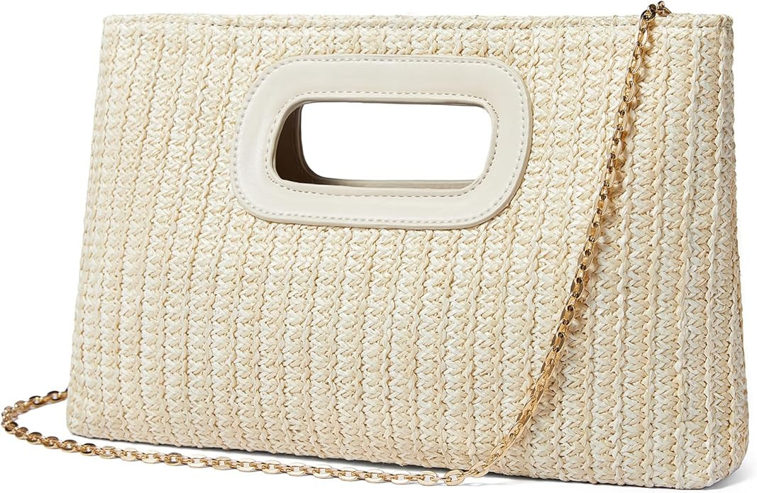 Top Handle Straw Clutch for Women, Raffia Woven Shoulder Crossbody Evening Handbag with Gold Chai... | Amazon (US)