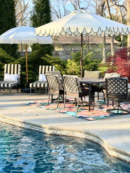 Outdoor furniture, outdoor inspo and ideas, outdoor living, patio decor, outdoor rug, patio umbrellas, fringe and scalloped outdoor umbrella, chaise lounges, chaise lounge cushions, outdoor pillows

#LTKsalealert #LTKSeasonal #LTKhome
