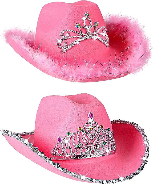 PROLOSO 2 Pack Pink Cowboy Hat with Crown Blinking Felt Cowgirl Hat Princess Hats 2 Styles | Amazon (US)