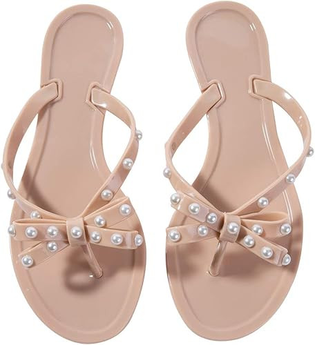 Women Flip-Flops Pearls Bow Sandals Beach Flat Rivets Rain Jelly Gold Pearls | Amazon (US)