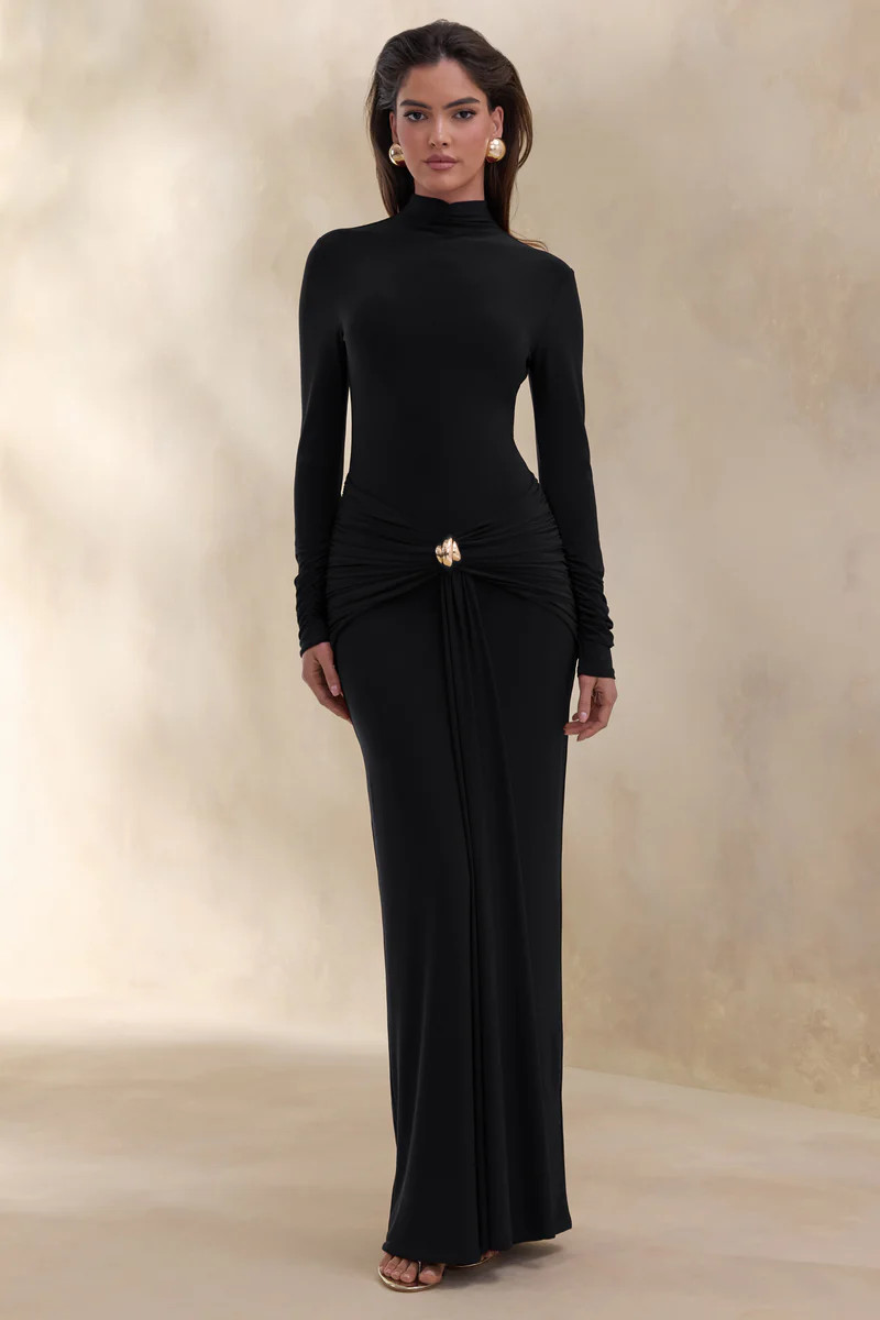 Ambrette  Black High-Neck Maxi Dress With Gathered-Detailing | Club L London