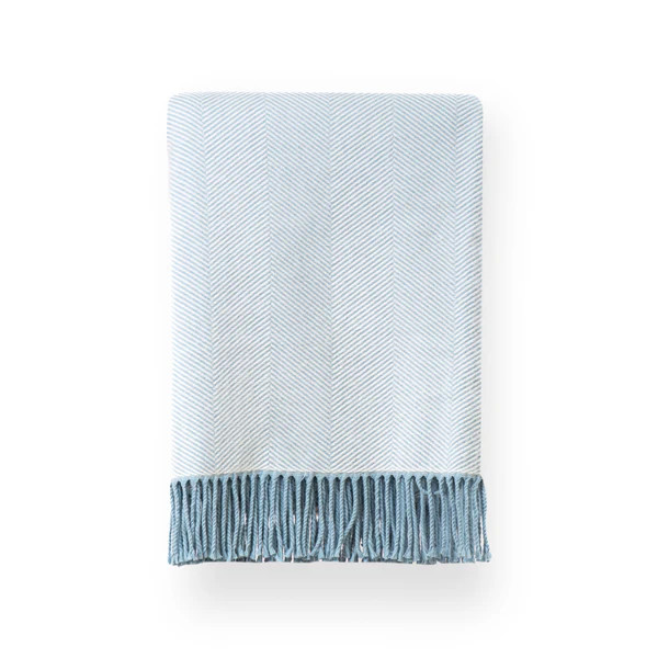 Coastal Throw Blanket, Herringbone with Fringe, Baby Blue, 52"x72" | Hofdeco