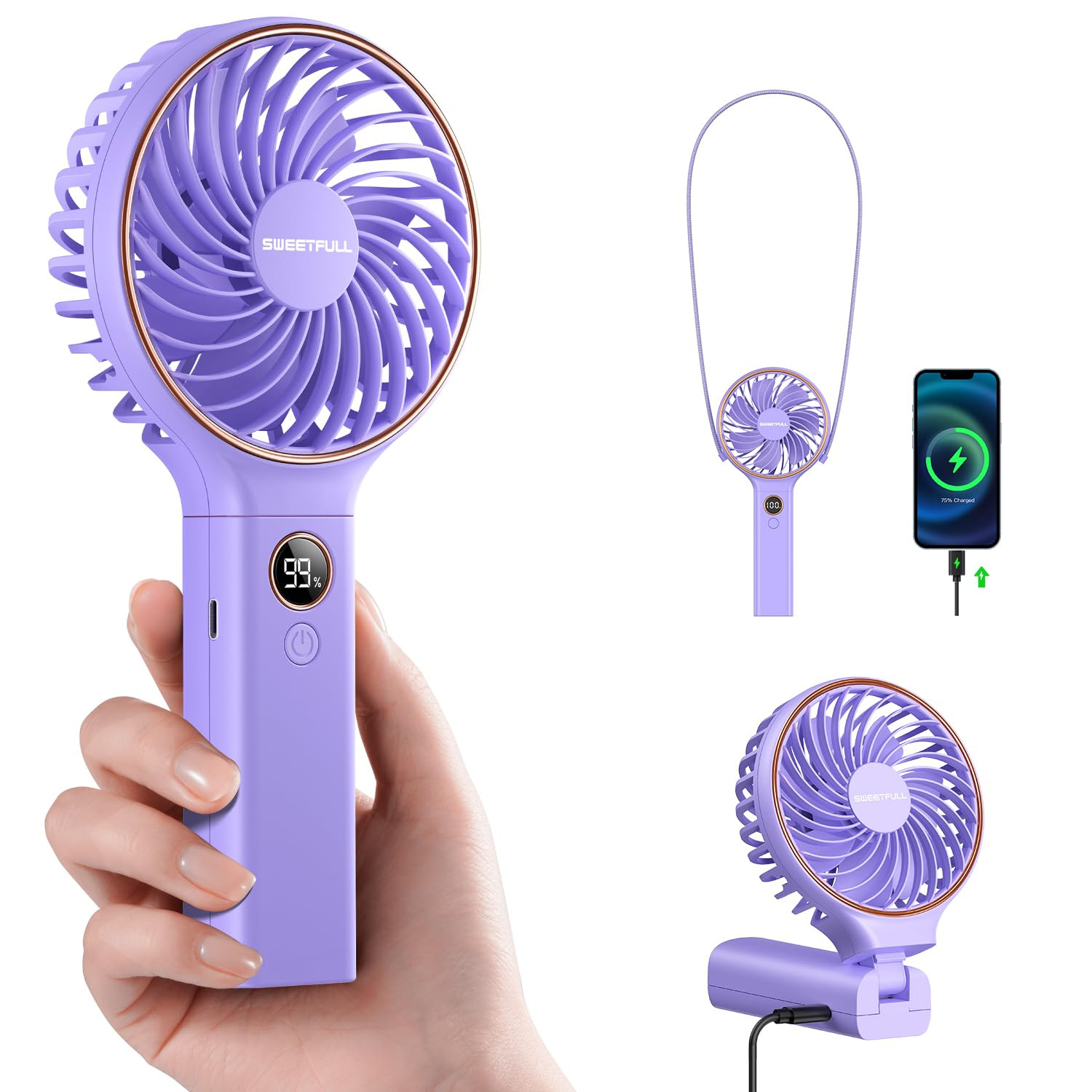 SWEETFULL Handheld Fan, Portable Fan, 5000mAh Rechargeable Battery, 6 Speed Wind, LED Display, Pe... | Amazon (US)