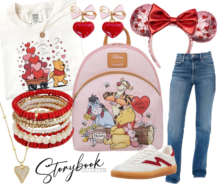 This oufit is Sweet as Hunny! The sweetest Valentine look featuring a Pooh heart tee, soft pink Loungefly, sparkly heart earrings, stacked red-and-cream bracelets, classic denim, and comfy sneakers — cozy, cute, and full of nostalgic Disney love.

Perfect for February park days, Valentine trips, or anyone who loves Pooh just a little extra! 

 #LTKTravel