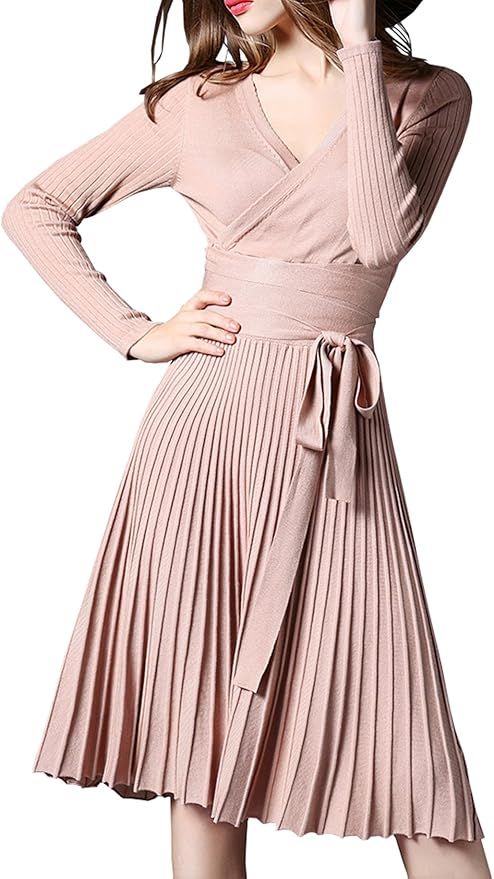 R.Vivimos Women's Autumn Long Sleeve V Neck Elegant Knitted Slim Knee-Length A-Line Sweater Dress | Amazon (US)