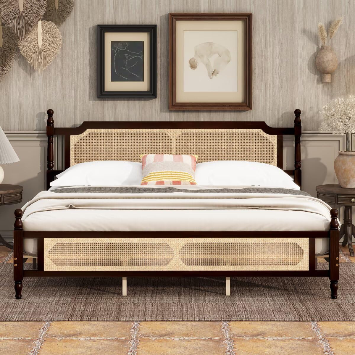 King Pine Wooden Bed with Rattan Headboard and Footboard, with Central Enhanced Bed Platform,Espr... | Amazon (US)