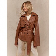 Faux Leather Long Loose Sleeves Cropped Trench Coat With Belt | SHEIN