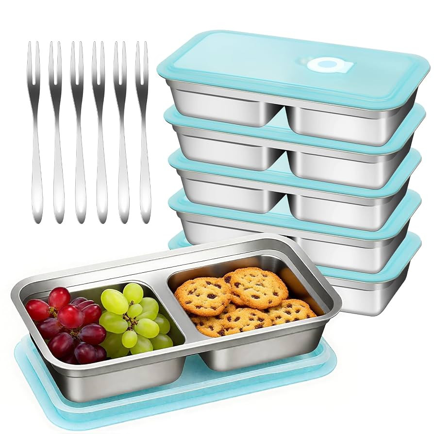 Stainless Steel Snack Containers with Lids, 6 Pack Reusable Lunch Box with 6 Forks, Double Compar... | Amazon (US)