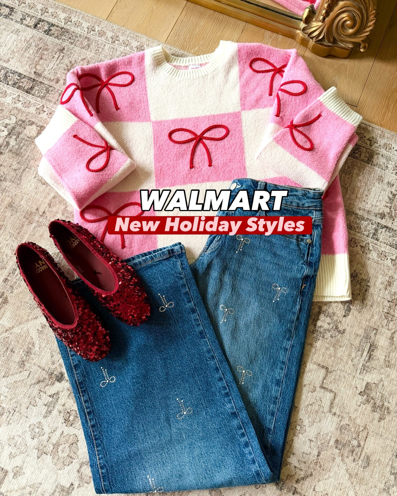Y’all the new holiday finds at @Walmart are so fabulous! 🌟Comment OUTFIT LINKS to shop it all! These sparkle bow jeans in photo 1 & 2 just launched and are going to sell out asap! 💕We also included some additional styles that are oh so cute! 🎁 

#walmart #walmartfinds #walmartstyle #holidaystyle