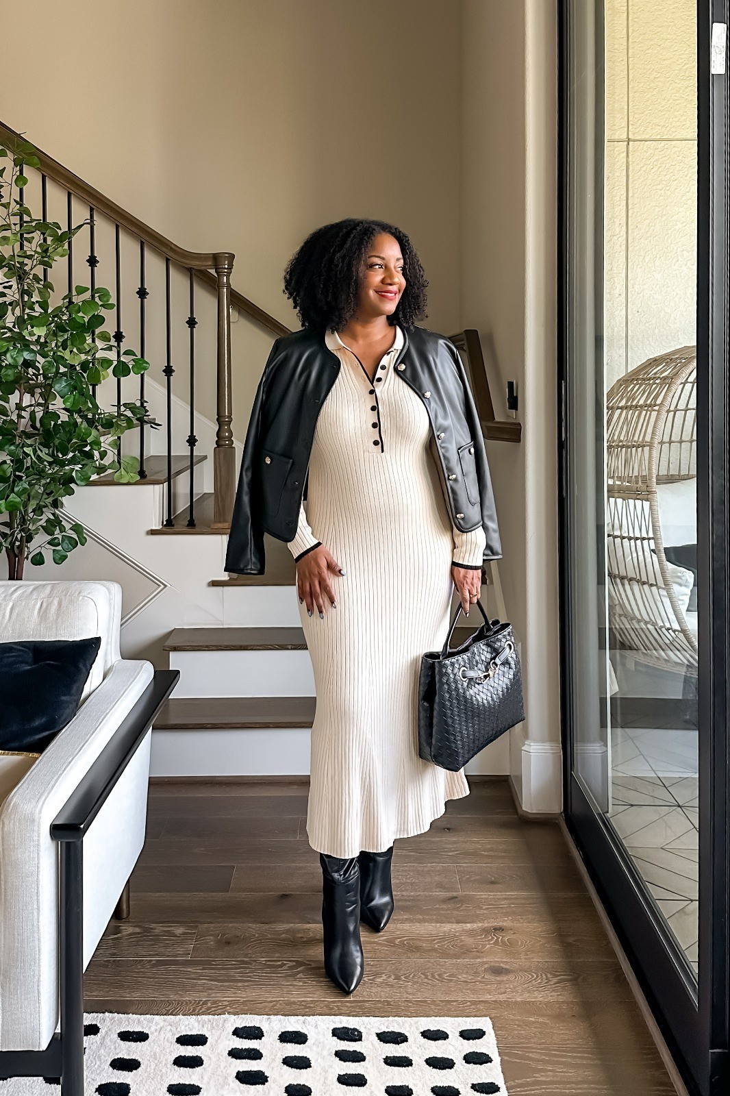 Cream ribbed midi dress perfection! 🤍🖤 This knit dress layered under a black leather jacket is the ultimate winter look—cozy meets chic. cream ribbed dress / knit midi dress / black leather jacket / leather moto jacket / winter dress outfit / ankle boots / black boots / woven tote bag / neutral outfit / monochrome style / cozy winter look / midi dress styling / layered outfit / casual chic / fall winter fashion / cream dress / button front dress / ribbed knit dress / moto jacket outfit / leather jacket and dress / timeless style / effortless outfit / winter wardrobe / neutral and black / classic style / comfortable fashion / elegant casual / seasonal outfit / black and cream

#LTKMidsize #LTKSeasonal #LTKOver40