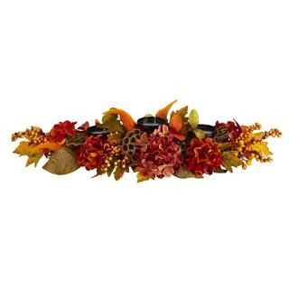 Nearly Natural 32 in. Fall Hydrangea, Lotus Seed and Berries Artificial Candelabrum Arrangement | The Home Depot